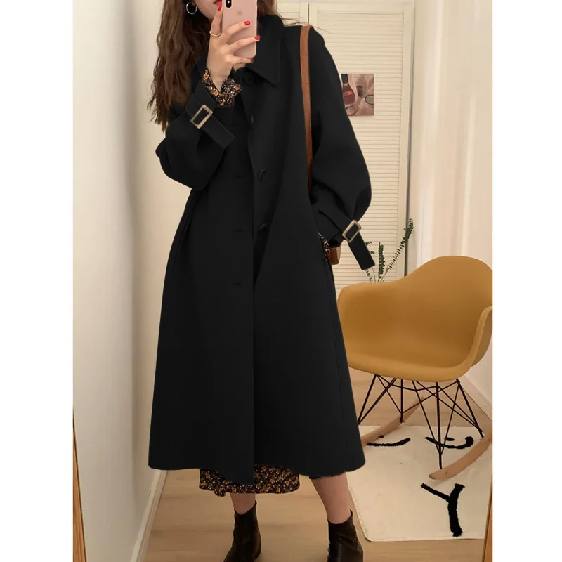 

Sleeves Women's Korean Double-sided Cashmere Coat Winter Long Over-the-knee Loose Full Single-breasted Women's Elegant Wool Coat