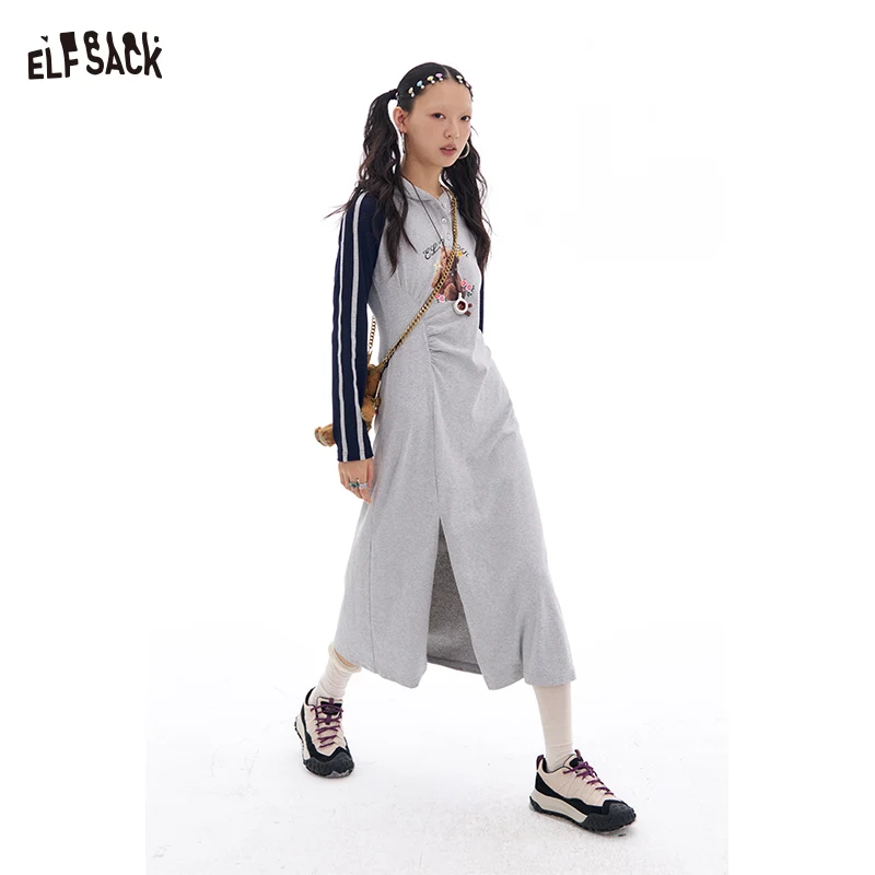 ELFSACK-Robe T-shirt à Manches sulfet Col Rond pour Femme, Vêtement Décontracté, Imprimé Raglan, Gris, Simple, Slim Fit, Nouvelle Collection Printemps 2025