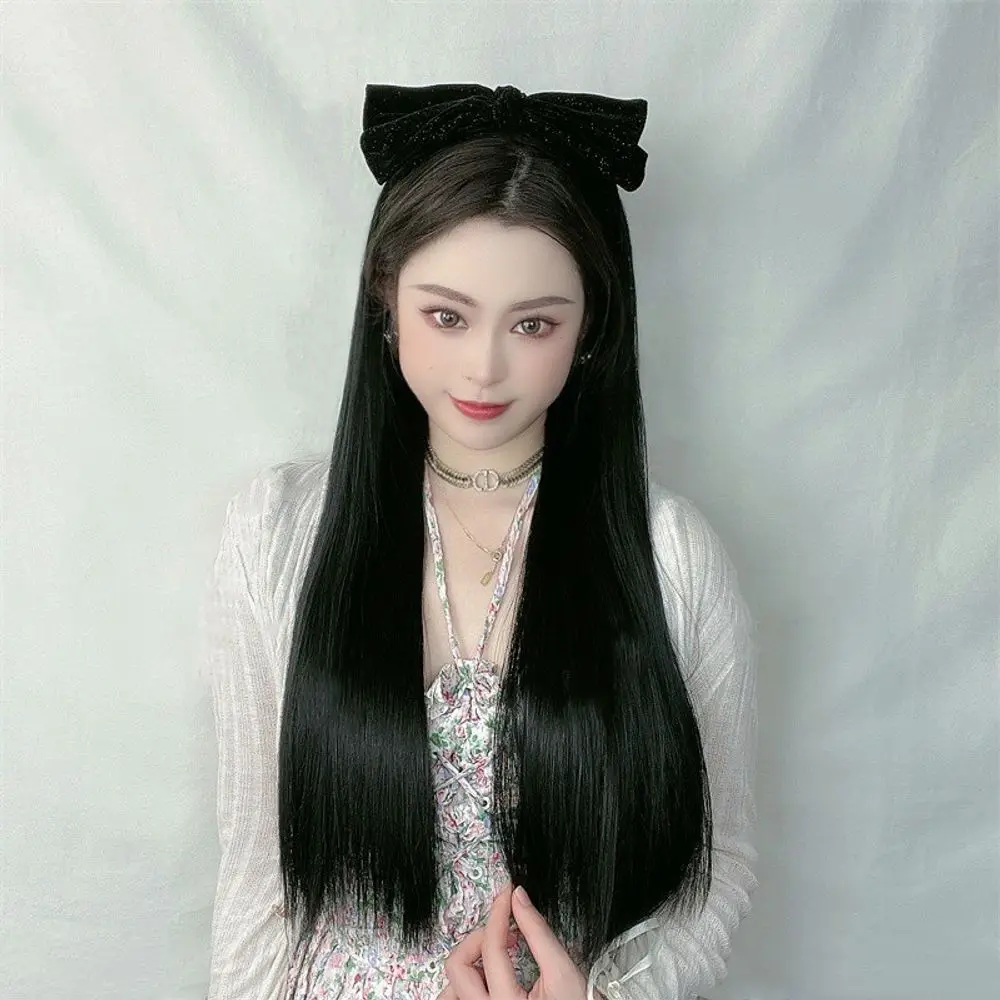 

Women's Forest Bow Headband, Black Long Straight Hair High Temperature Fiber Synthetic Wigs Pelucas Hair Daily Party Use