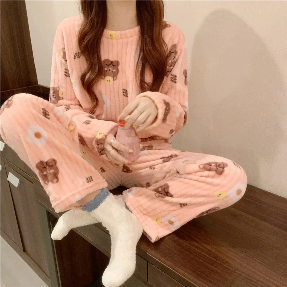 

Sweet Cute Bear Velvet Sleepwear Set Peach Long Sleeve Pajama Suit Nightwear Flower Winter Thick Warm Pajamas Autumn Winter