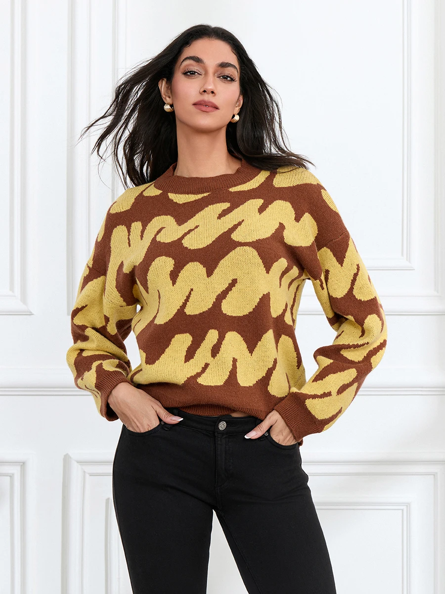 wsevypo Wave Stripe Print Knit Warm Sweaters Women's Crew Neck Long Sleeve Pullover Tops Basic Knitwear for Fall Winter