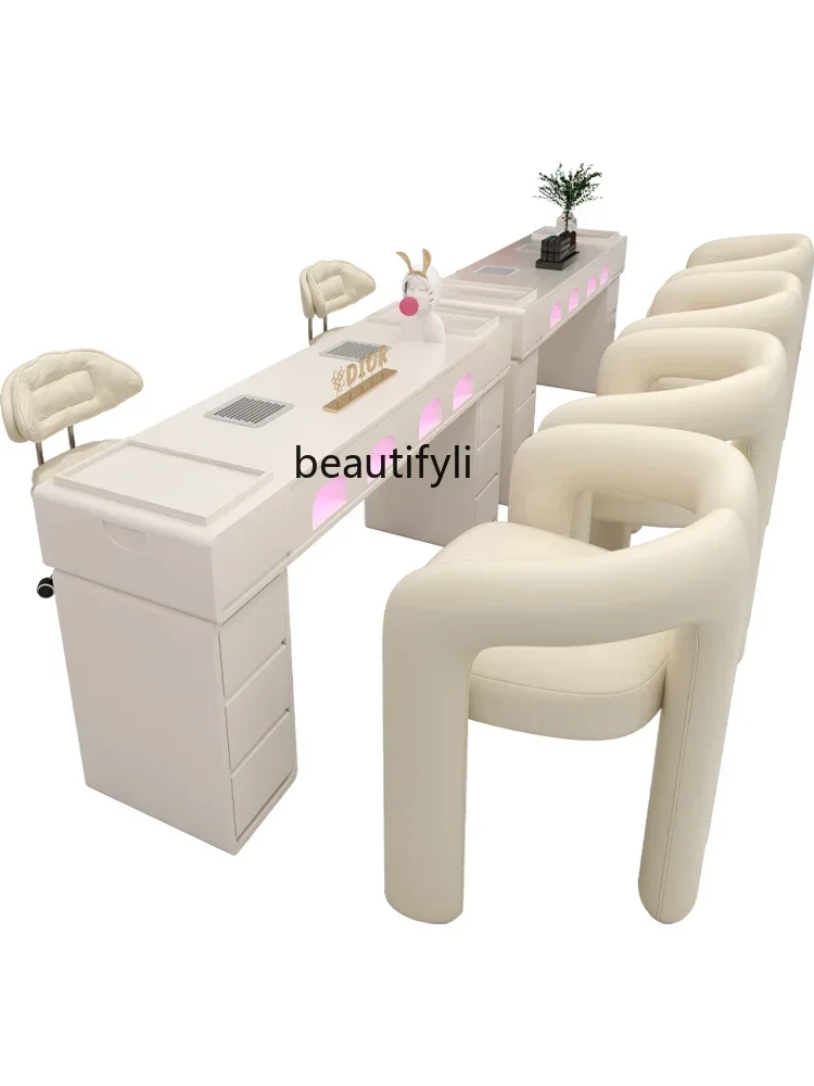 

SS newCream Style Nail Table and Chair Suit Comes with Heating Lamp Vacuum Cleaner Socket Nail Table Stain-Resistant Non-Leaking