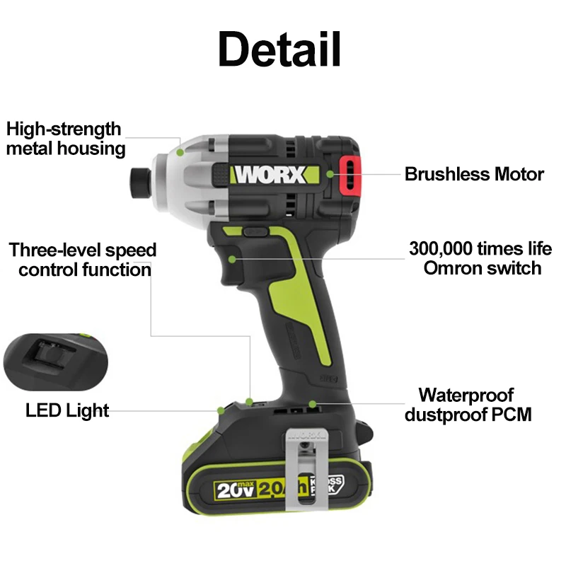 Imagem -04 - Worx Wu29d 20v Motorista de Impacto sem Fio Chave de Fenda Brushless Motor Multifuncional Broca Ferramenta Elétrica da Bateria de Lítio Retorno Livre