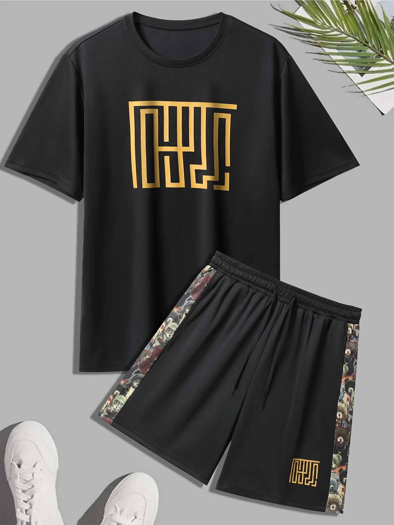 

Мужской летний новый повседневный костюм, свободная и универсальная футболка с рукавами пять четвертей с принтом, мужской спортивный комплект из ледяного шелка из двух предметов