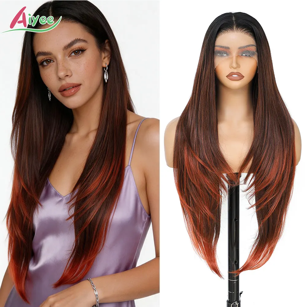 AIYEE 30" 13x4 Straight Lace Front Wig Ash Blonde Black Brown Ombre High Temp Fiber Synthetic Hair Cosplay Hairpiece for Women