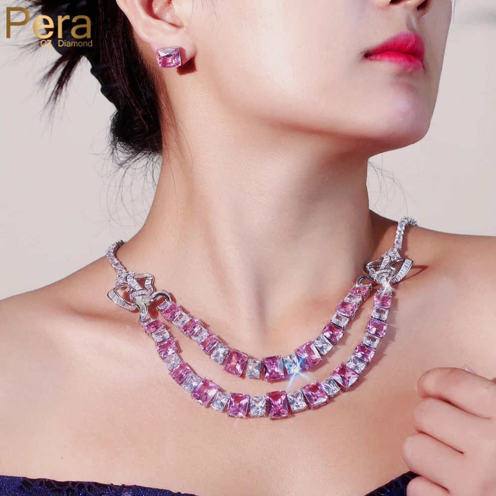 

Pera Luxury Pink CZ Big Double-layers Square Tennis Necklace Earrings Sets for Women Bridal Wedding Jewelry Accessories J111