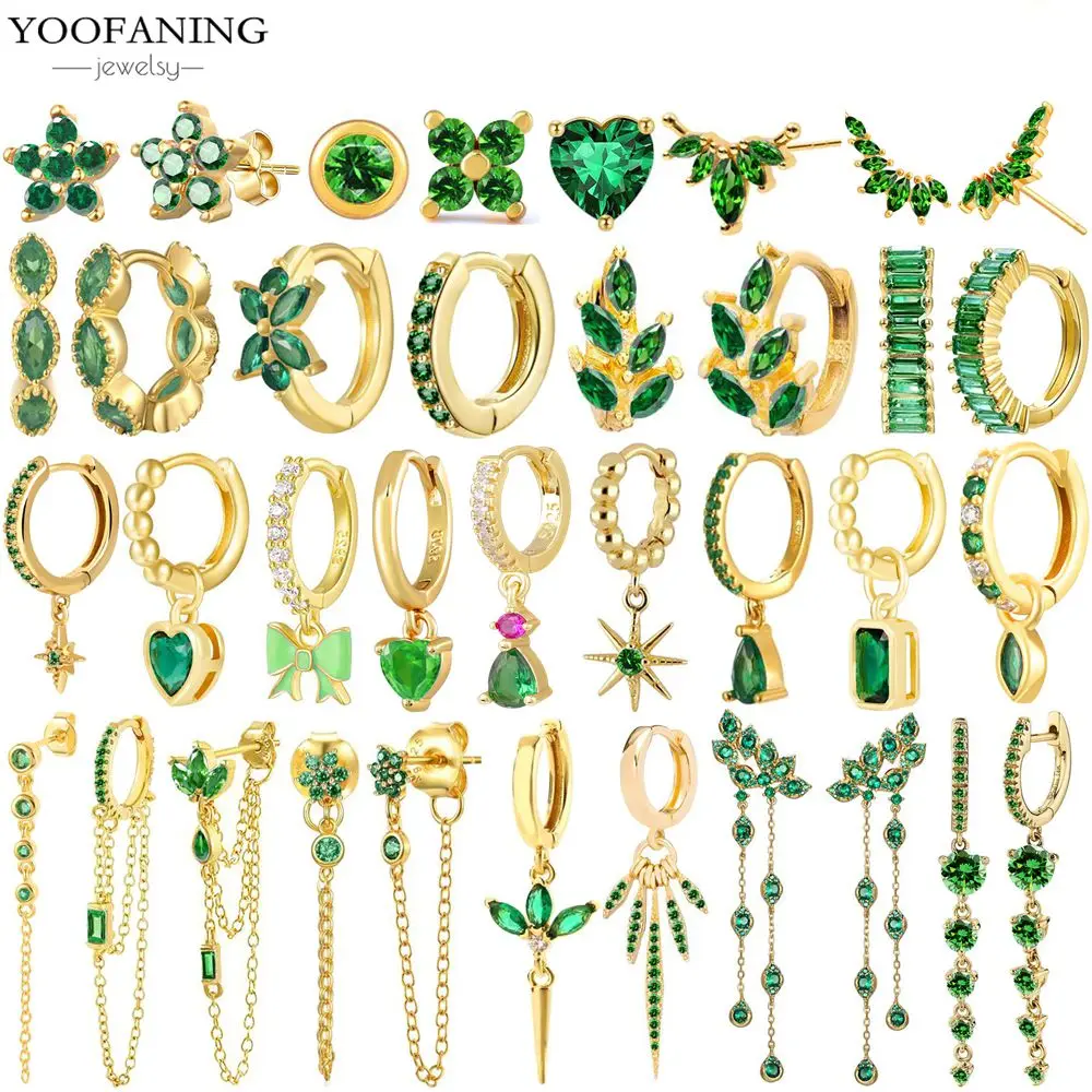 

925 Sterling Silver Needle Classic Luxury Geometric Shape Green Zircon Heart-shaped Flower Fashionable Women's Earrings Jewelry