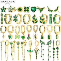 925 Sterling Silver Needle  Classic Luxury Geometric Shape Green Zircon Heart-shaped Flower Fashionable Women's Earrings Jewelry