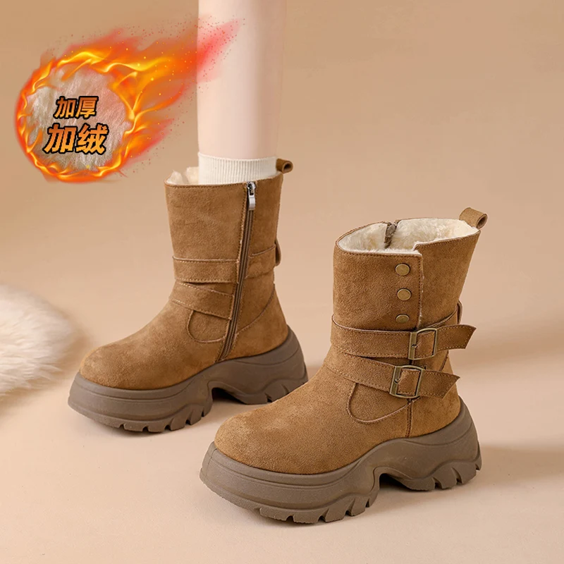 

Womens Snow Buckle Boots Winter Mid Calf Warm Fur Lined Slip on Lug Sole Booties Platform Suede Outdoor Walking Shoes