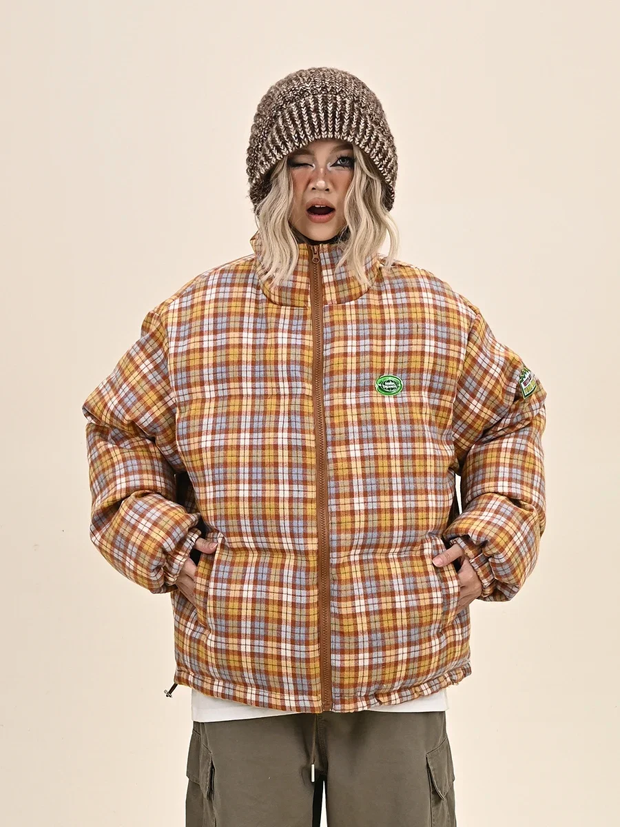 Fun Plaid Stand-up Collar Parkas Women's 2024 Winter New Loose Bf American College Style Thickened Coats