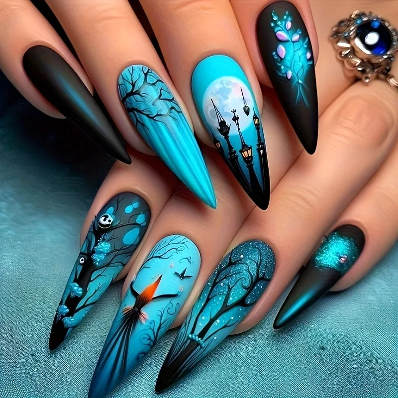 24 stks/set Middellange nepnagels voor Halloween party gradiënt blauw groen Maan Pompoen vleermuis amandel ballet tips druk op nagels art