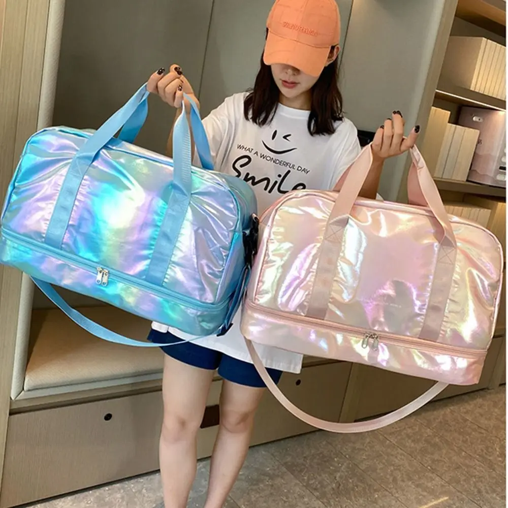 Sturdy Pearlescent Fabric Gym Bag Multicolor Fashion Fitness Handbag Portable Large Capacity Shoulder Bag with Shoe Compartment