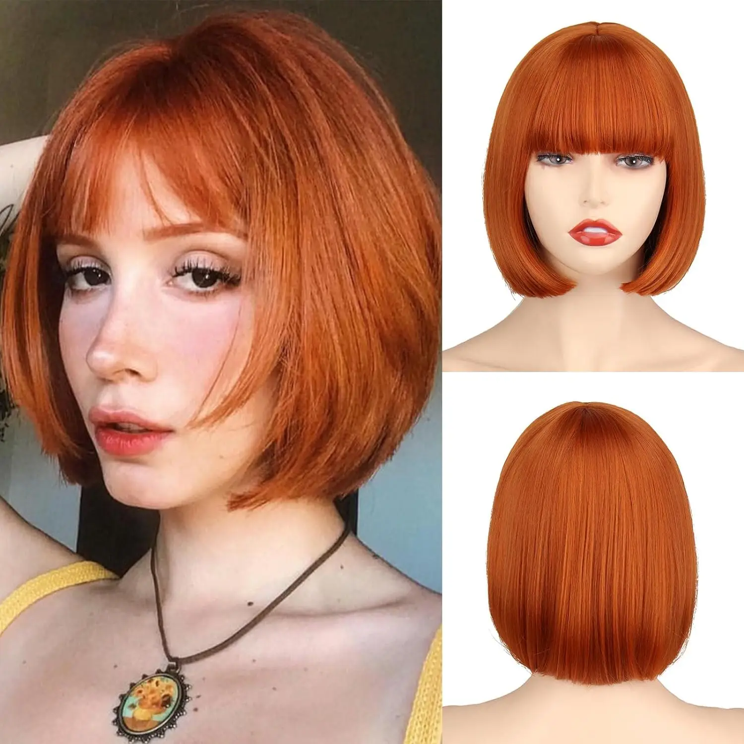 Short Ginger Bob Wig for Women Ginger Bob Wigs with Bangs Straight Ginger Wig Natural Synthetic for Cosplay Party Halloween