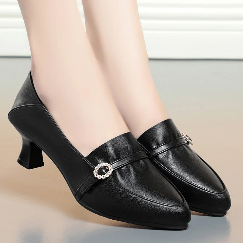 Spring Causal Comfort Loafers Shoes Women Medium Heels Leather Black Work Professional Single Shoe New Soft Leather Shoes