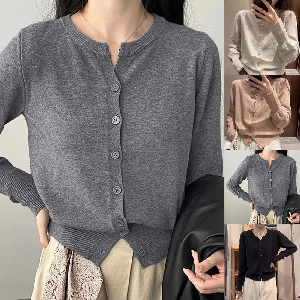 

Women Thin Fleece Knitted Cardigan Loose Short Cashmere Sweater Autumn Winter Round Neck Casual Top Keep Warm