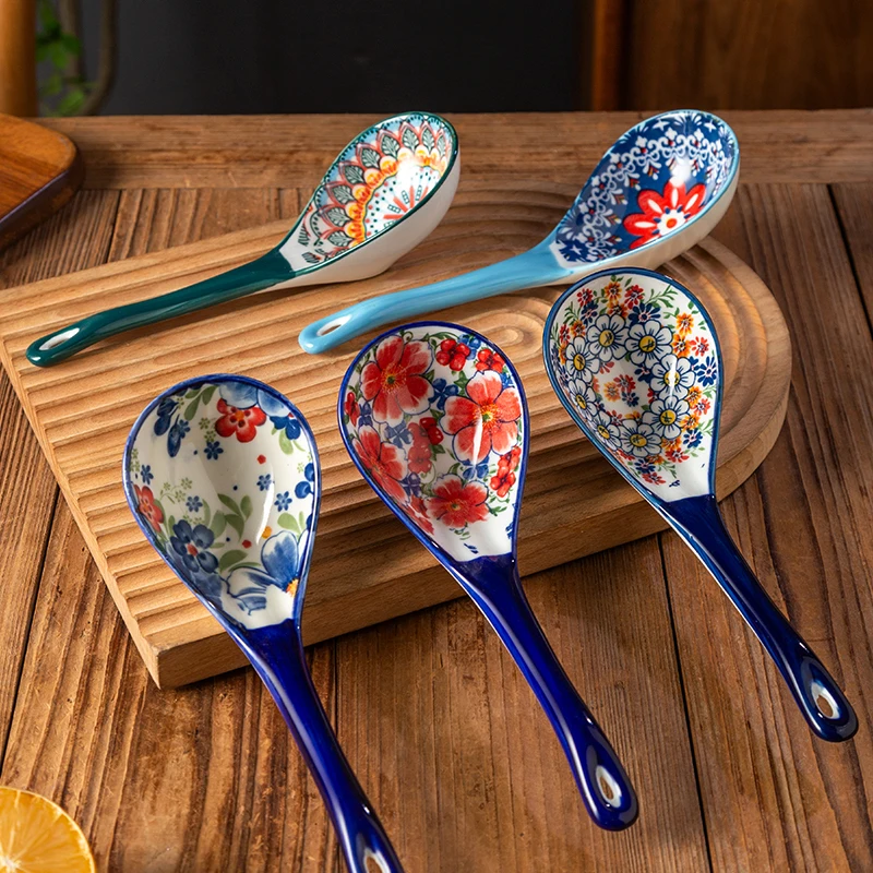 Bohemian Ceramic Ladle Household Large Tablespoon Soup Ladle Long Handled Large Spoon Scoop For Porridge and Rice