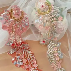 1Pair. Pearl Embroidered Lace Mirror Flower Shining Dance Costumes and Headwear, Children's Clothing Applique.RS24497