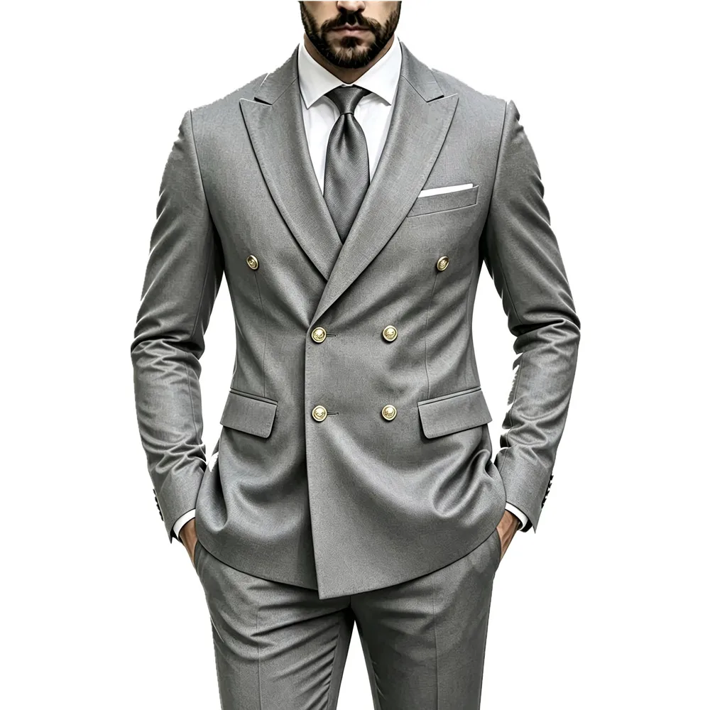Men's Peak Lapel Double Breasted Golden Button Flap Pocket Business Commute Suit Men Trending Luxury Formal Slim Fit Groom Suit