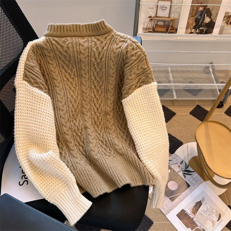 New Winter Fashion Lazy Style Contrast Color Irregular Panel Thickened Half High Neck Versatile Foreigner Long Sleeve Sweater