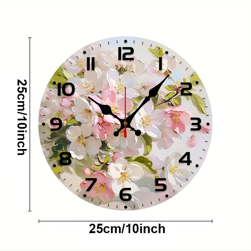 Pink White Flower Wooden Round Silent Hanging Wall Clock, Suitable For Living Room, Office, Study Room, Bedroom, Home Decoration