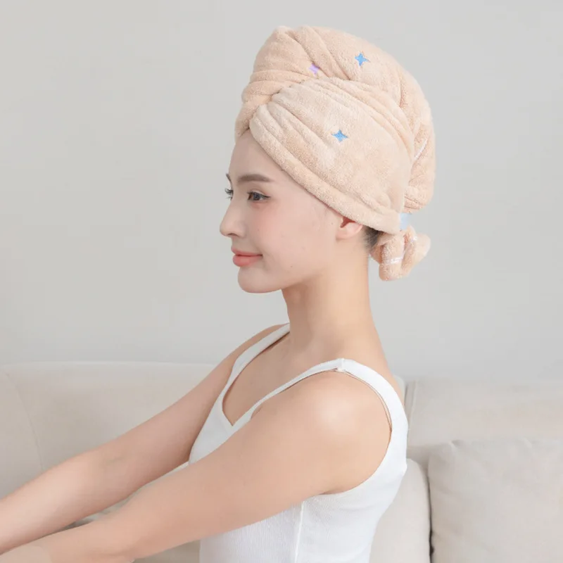 Best-selling New Hair-drying Turban Coral Fleece Highly Absorbent Embroidered Extra-thick and Oversized with Wide Tail Design