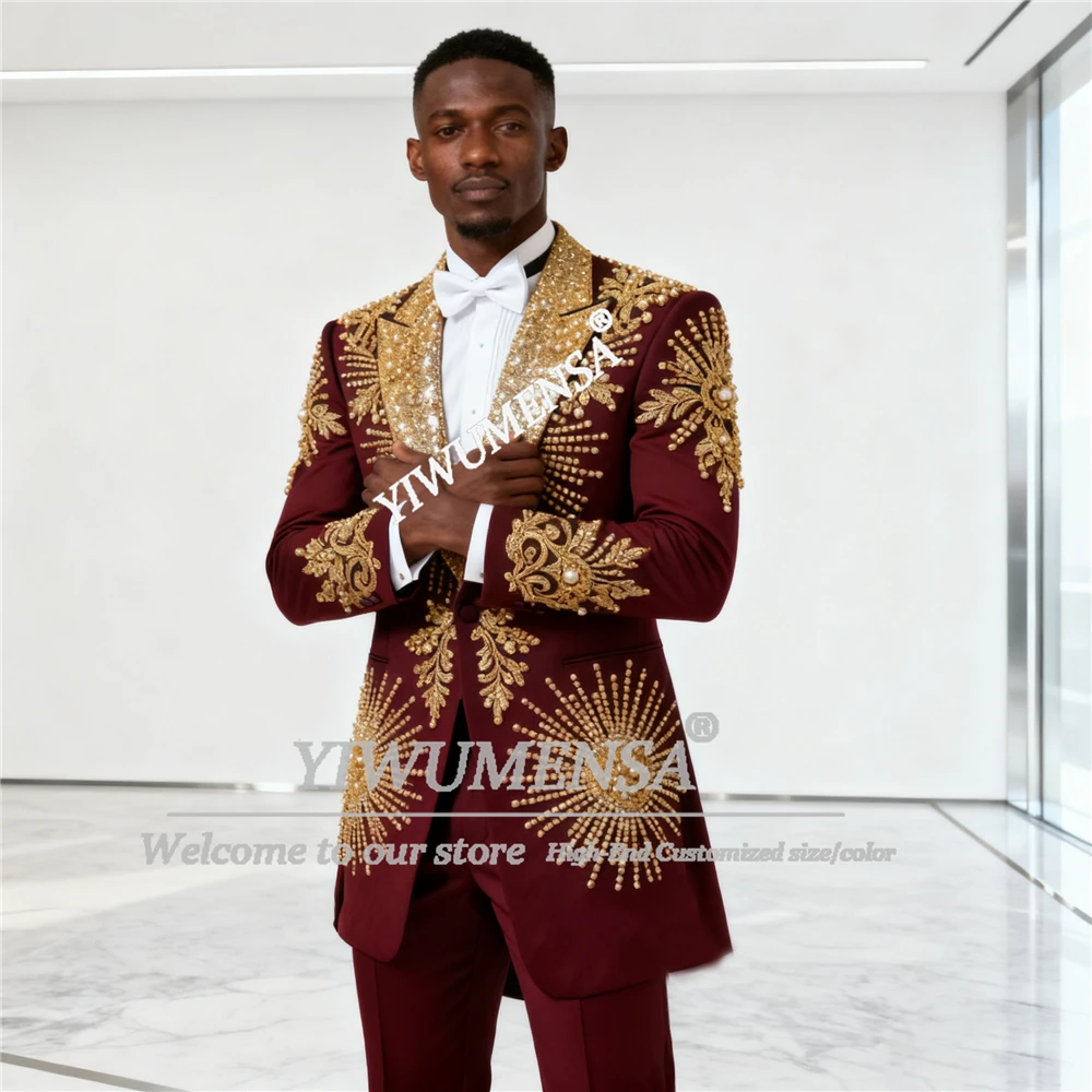 

Luxury Wine Red Suits Men Gold Pearls Sequins Label Groom Blazers Customized 2 Piece Set Wedding Tuxedos Slim Fit Costume Homme