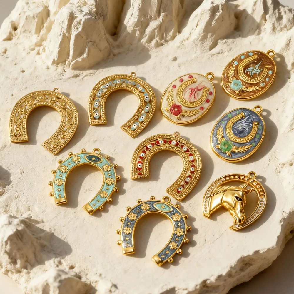 

Vintage Enamel Horseshoe Charms, Gold Plated Evil Eye & Floral Pendants for DIY Jewelry Making