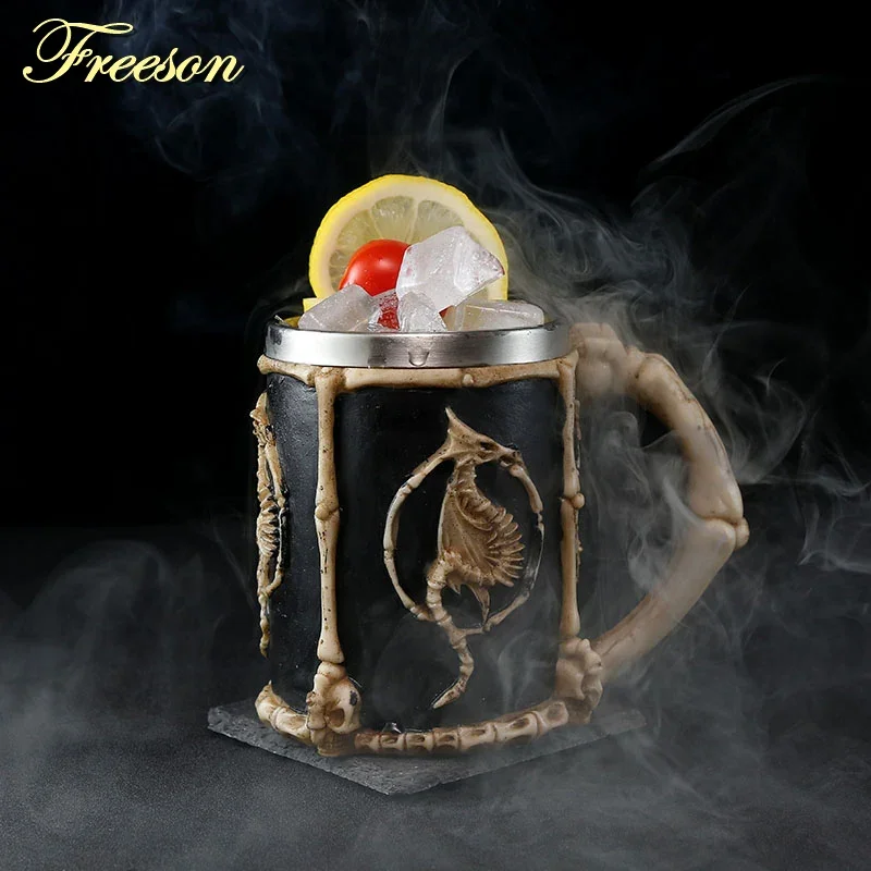 Skull Dragon Resin Stainless Steel Beer Mug Retro Knight Tankard Halloween Coffee Cup Creative Viking Tea Mug Pub Bar Decoration