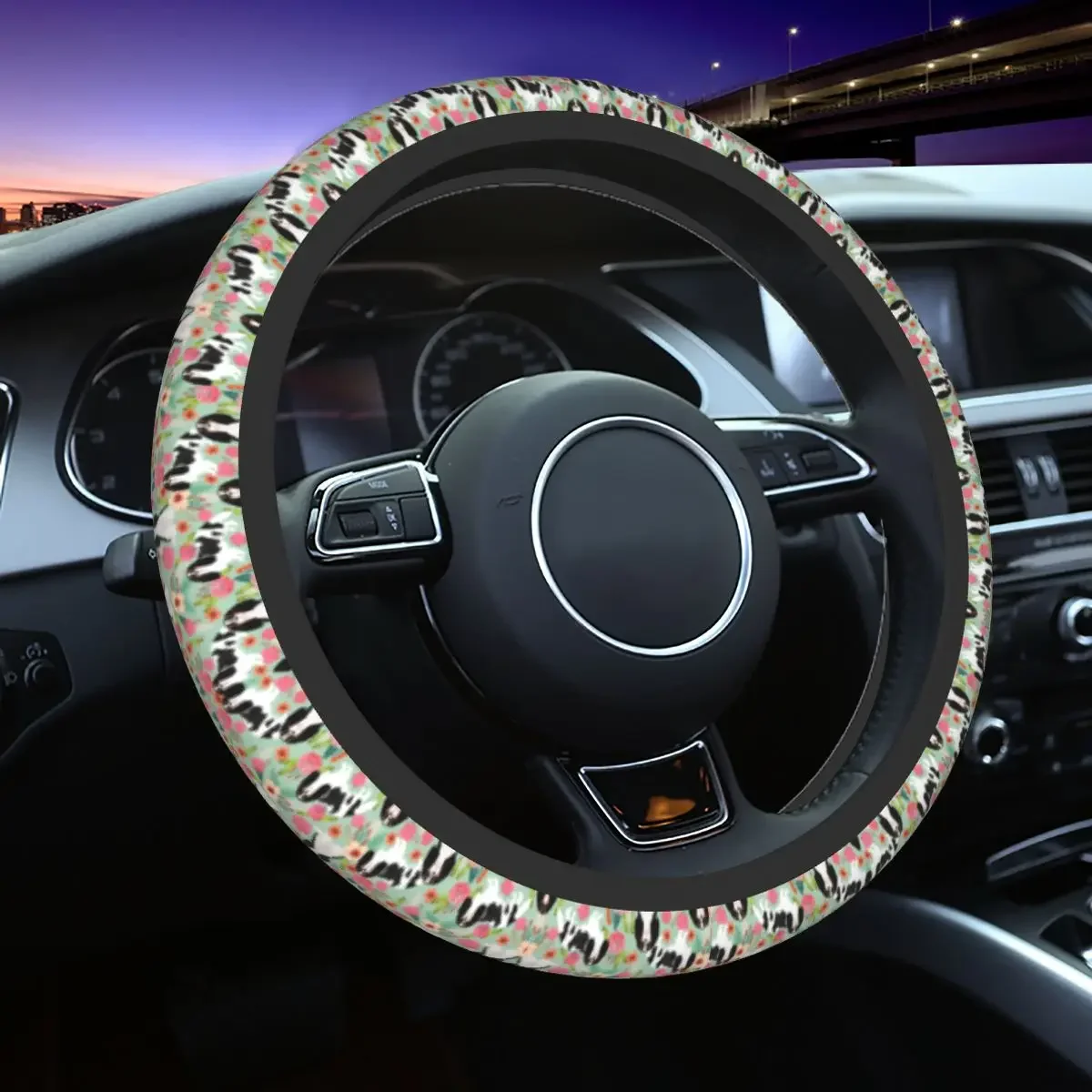 Cavalier King Charles Spaniel Dog Steering Wheel Cover Breed Florals Pet Portrait Steering Wheel Protector Sedan Car Accessories