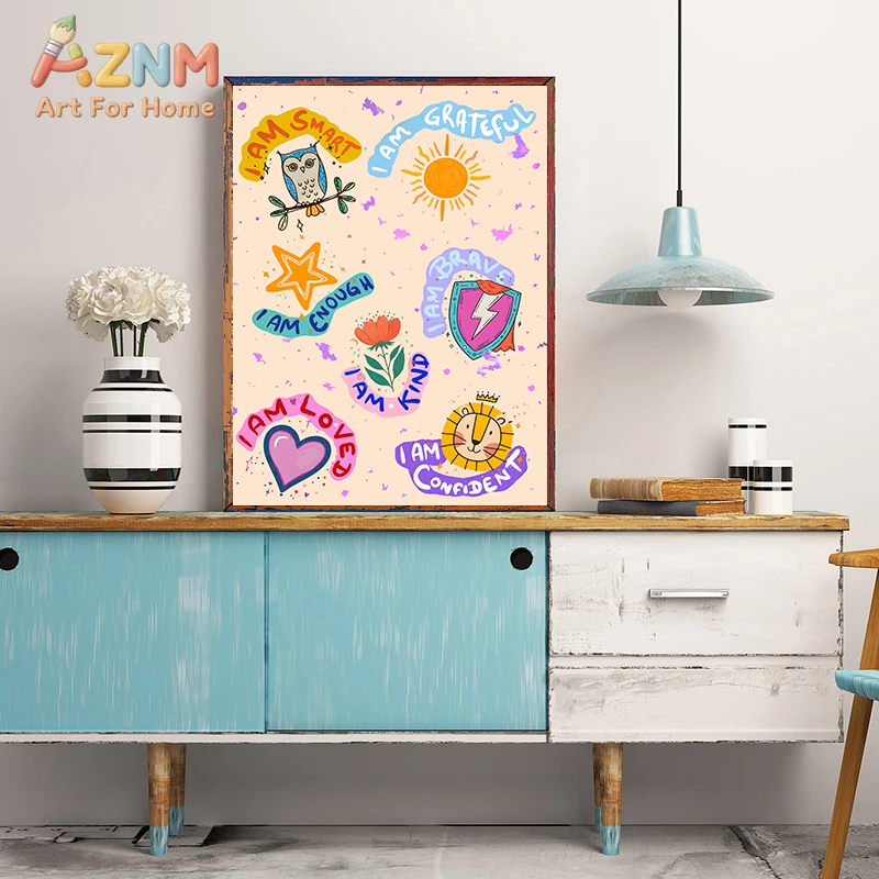 

Настенный холст с позитивными аффирмациями для детей AZNM, безрамная однопанельная цветная иллюстрация с мультяшными персонажами, вдохновляющая надпись «Я есть...»