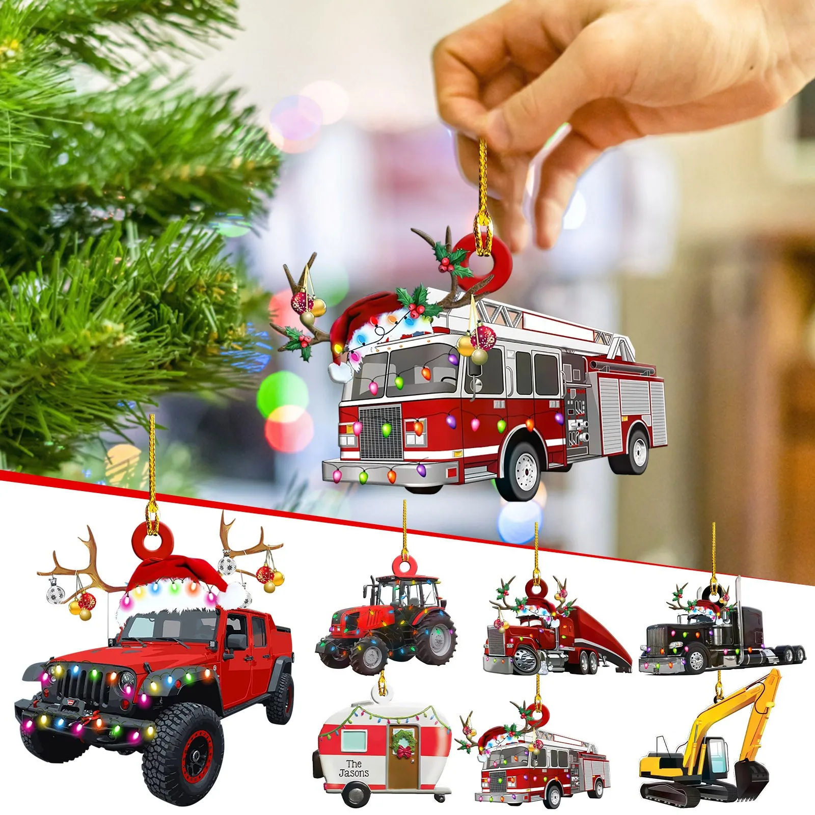 Acrylic Christmas Pendant Xmas Tree Decorations Suspension Trucks Trains Bus Action Figure Home Christmas Party Decoration Toys