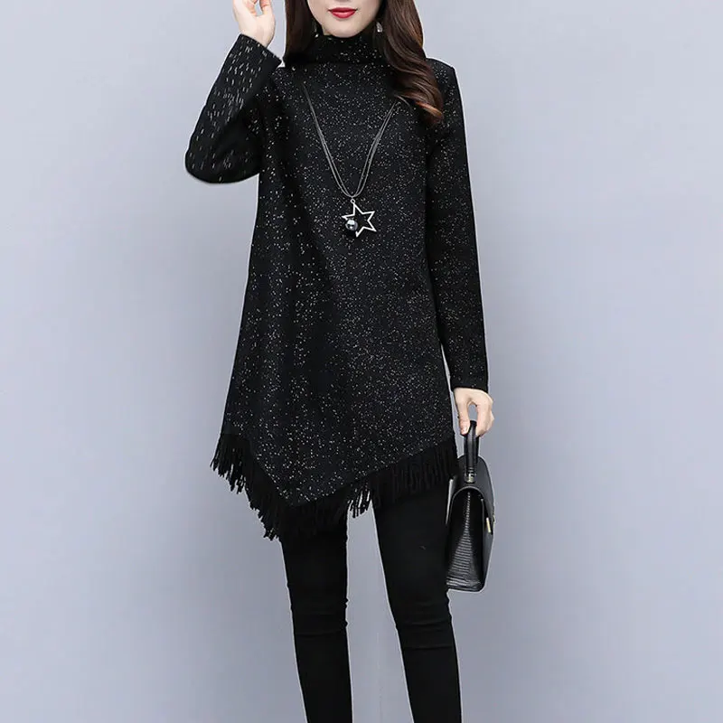 Autumn Winter Women\'s Tassel Spliced Irregular Dresses Fleece Solid Color Fashion Bright Silk Turtleneck Mini Dress for Female