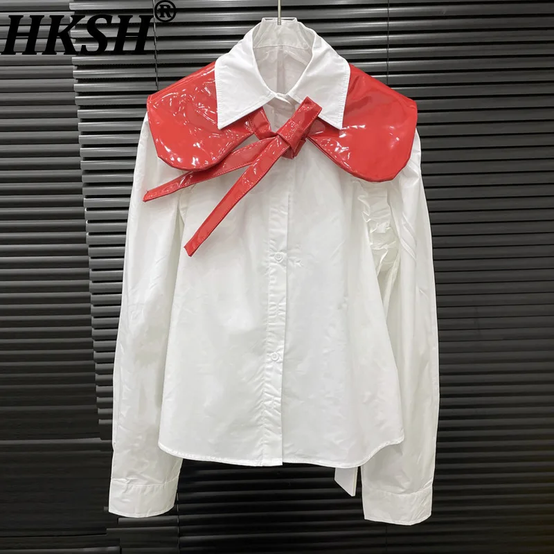 

HKSH Autumn New Women Niche Design Detachable Unique Collar Casual Shirt Fashion Two-Piece Set Tide Patent Leather Shawl HK10378