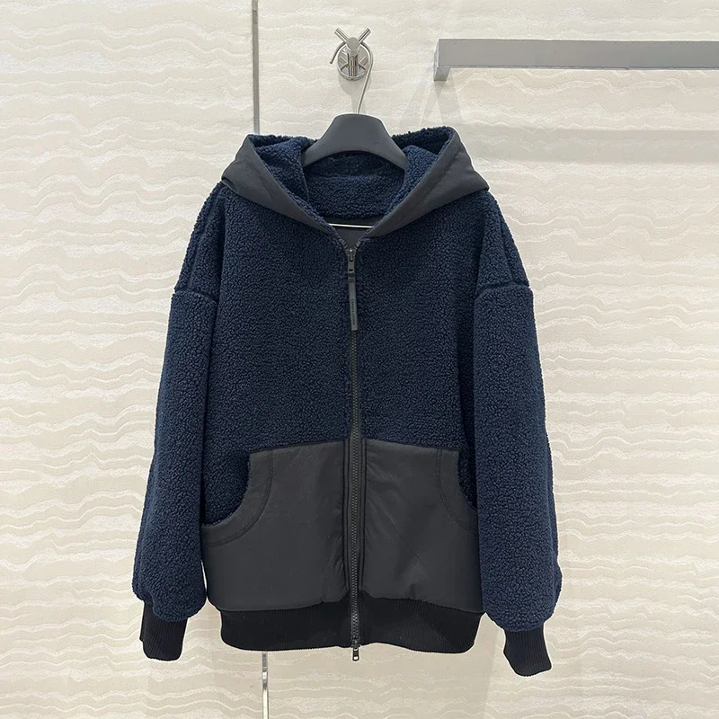 2024AW New Outerwear Retro Splicing Color Collision Hooded Sweatshirt Women's Coat Thickened Cotton Jackets Woman's Clothing