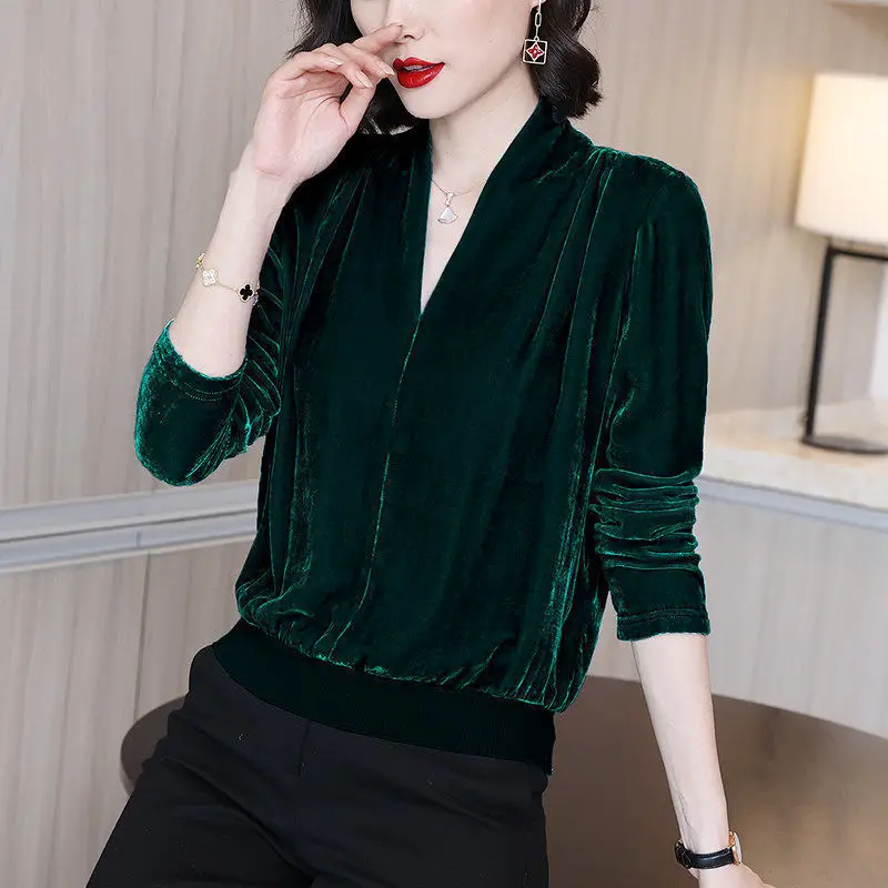 Women's  Clothing  2022 Corduroy Solid Vintage Elegant  Fashion Women Blouse Autumn Winter V-neck Temperament Graceful Pleated