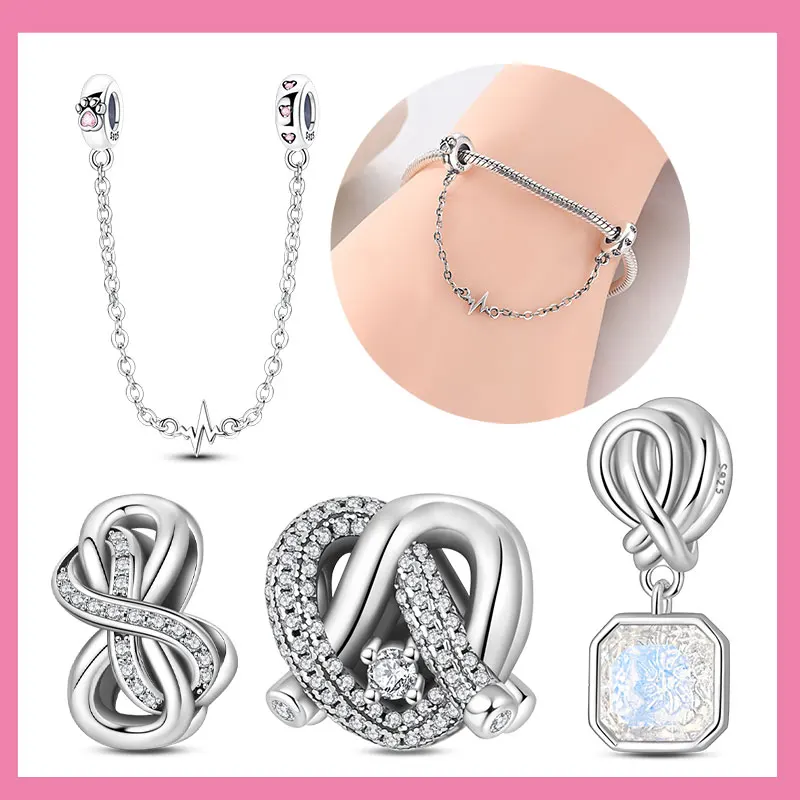 925 Sterling Silver Colorful Square Möbius Strip Heart Charms Beads Fit Original Bracelet Necklace Fine Jewelry Women DIY Gifts