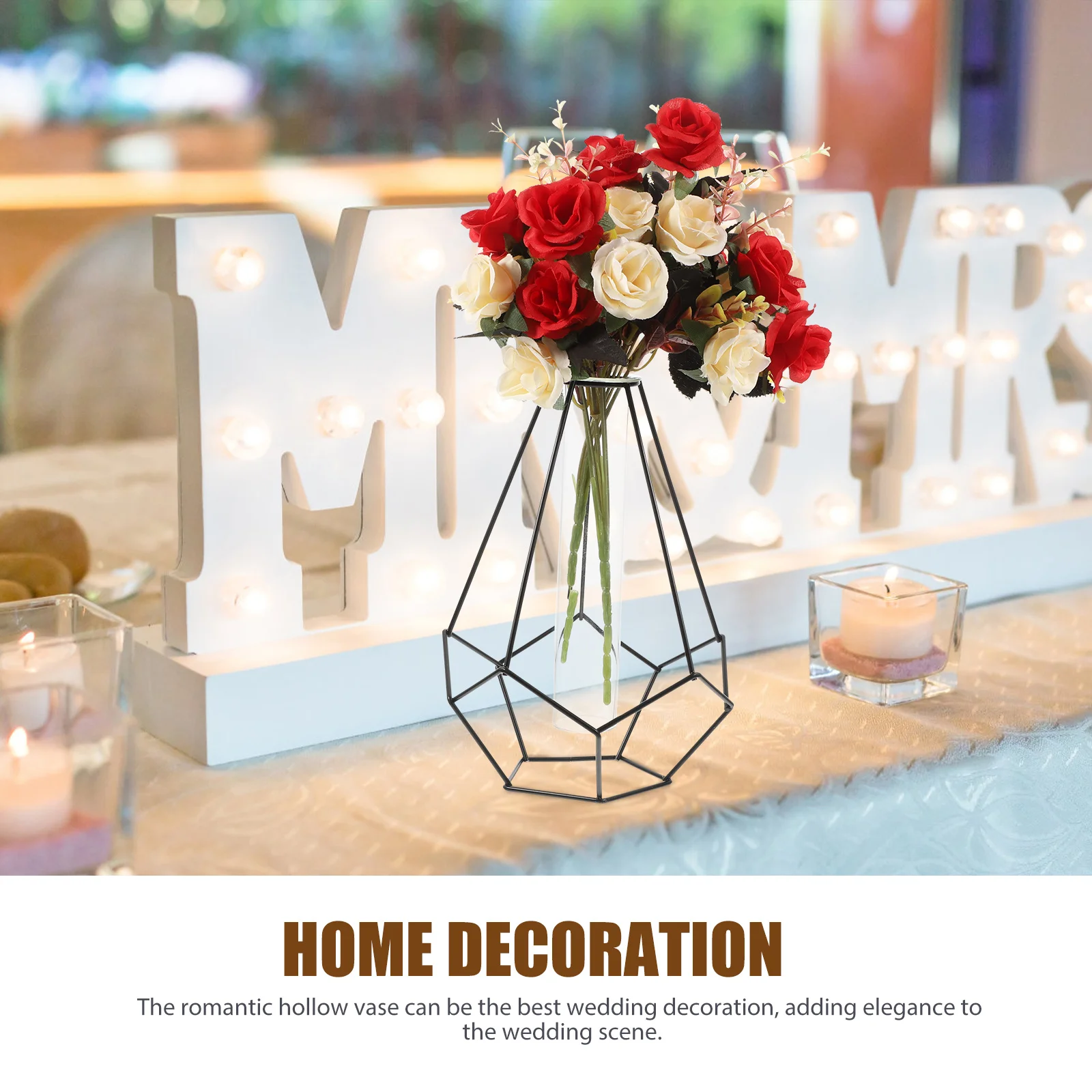 

Geometric Glass Vase Nordic Style Iron Art Clear Hollow Glass Bud Vase Home Balcony Plant Holder Office Decoration