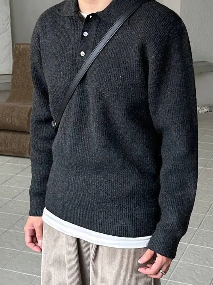

2025 зимние мужские свитера в корейском стиле с отложным воротником, однотонные однобортные свободные мужские пуловеры с длинными рукавами