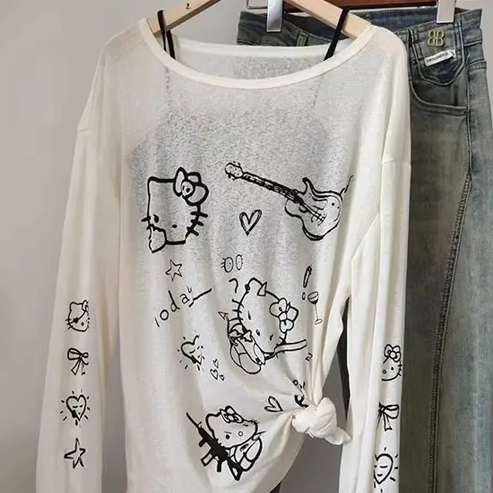 

Cartoon Hello Kitty Women's Round Neck Uv Protection Cover Up Long Sleeve T-Shirt Summer Kawaii Loose Fit Casual Oversized Top