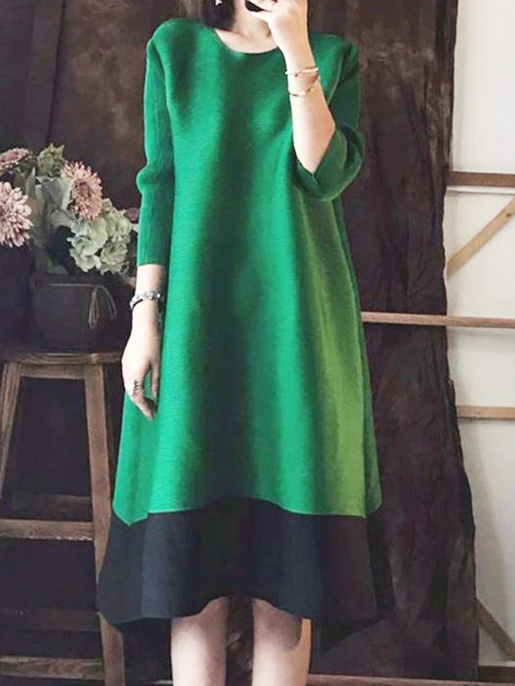 

2024 summer new pleated printed loose seven quarter sleeve A-line skirt in large size appears slim and simple vestidos