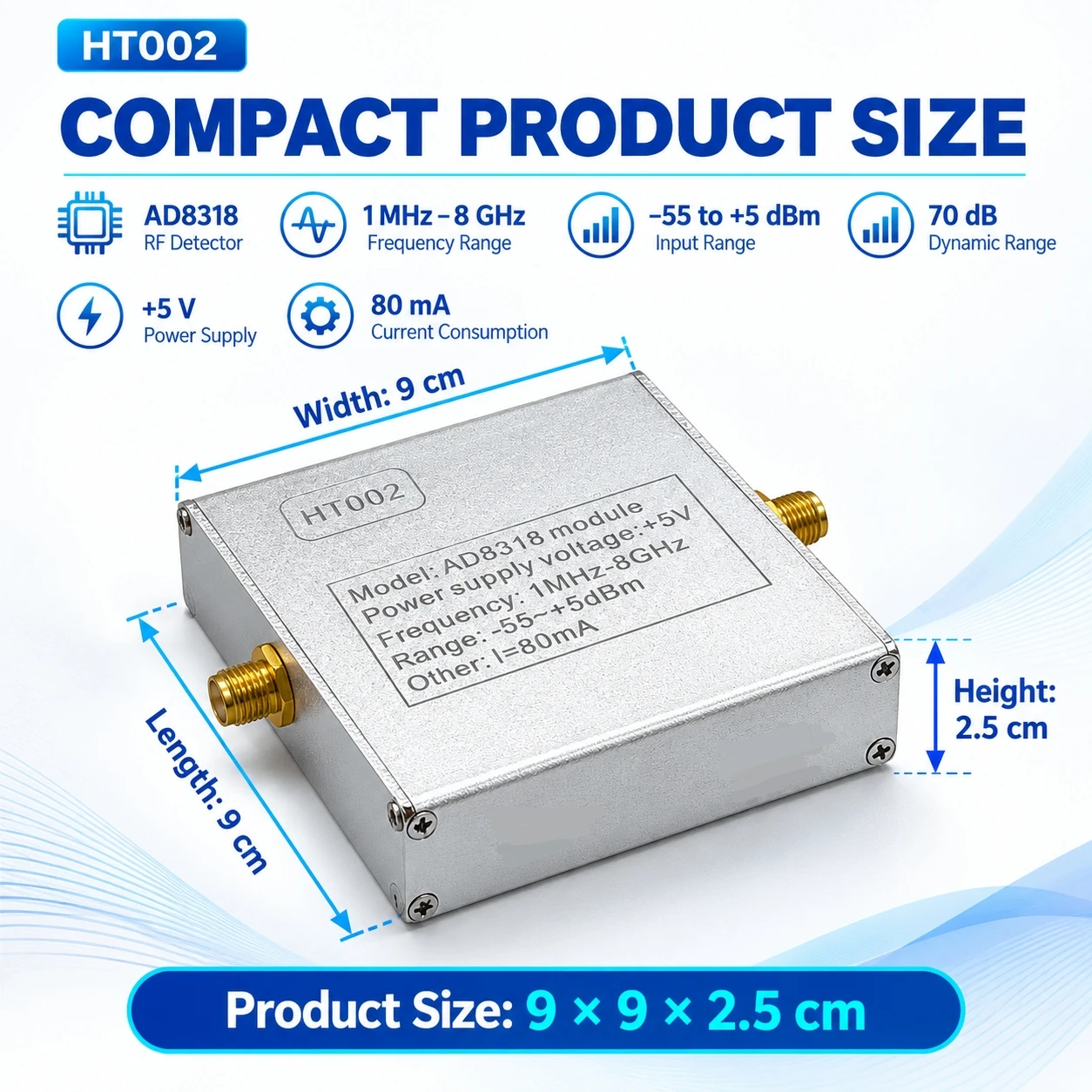 HTOOL HT002, 1MHz to 8GHz Wideband RF Power Detector, AD8318 Logarithmic Detection Module, 70dB Dynamic Range.