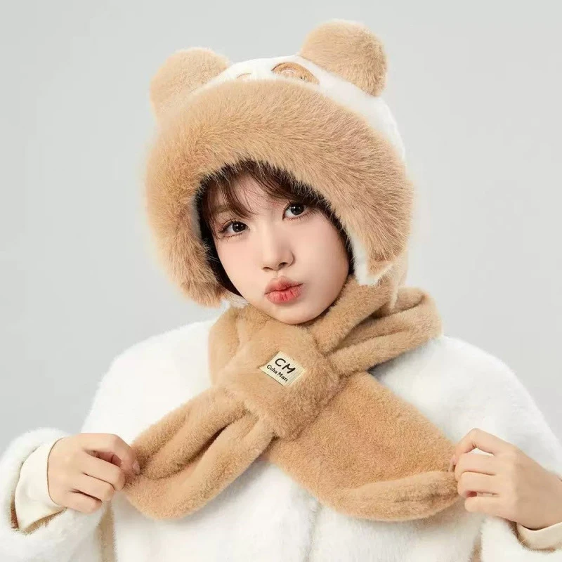 

New Bear Ear Design Plush Pullover Hat For Women Cute Windproof Warm Knitted Beanie With Ear Protection Fashion Winter Cap