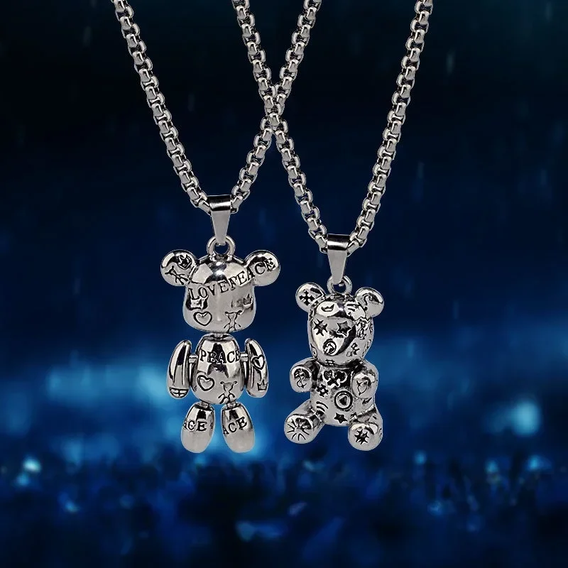 Rotatable Bear Doll Pendant Stainless Steel Necklace Men and Women Hip-hop Personality Simple Cartoon Sweater Chain Wholesale