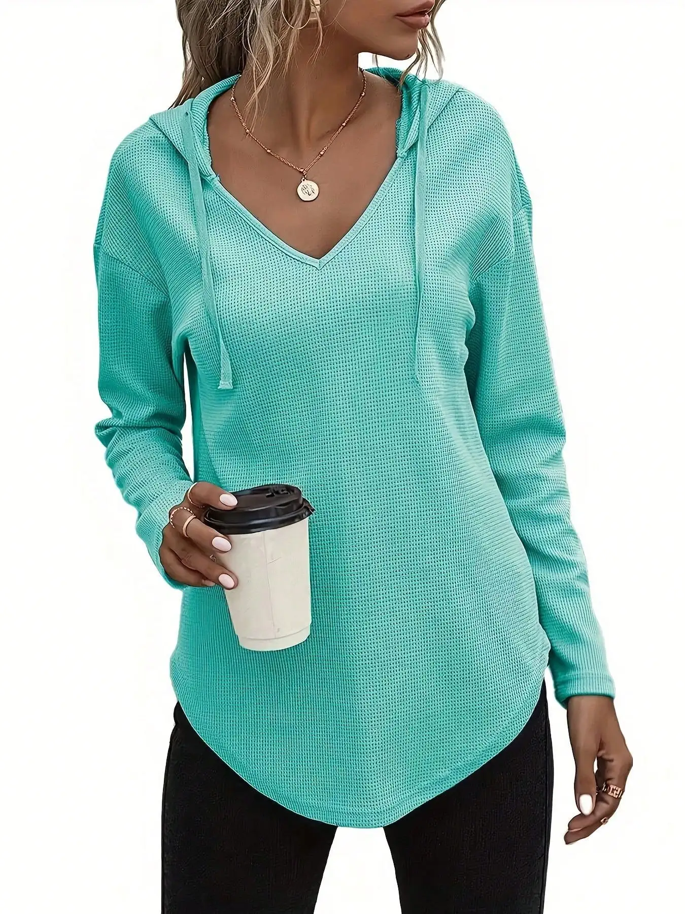Plus Size 1XL-5XL New Women's Fashion V-neck Long Sleeve Hoodie Sweatshirt Ladies Casual Drawstring Pullover Top