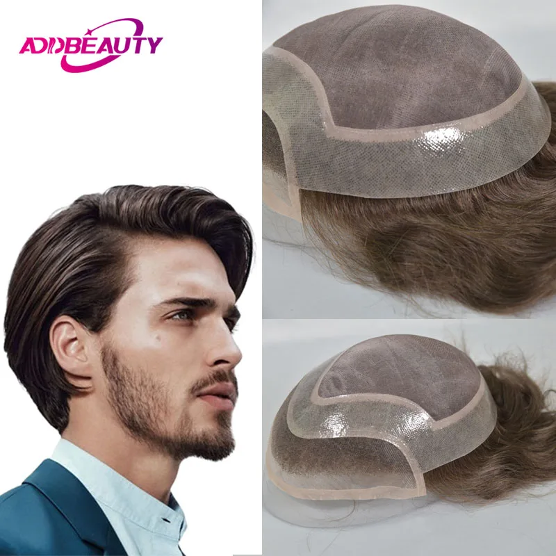 

Men Toupee With Bleached Knots Front Swiss Lace Human Hairline Mono PU Indian Human Hair Wigs Natural Hair System Man Hair Wigs