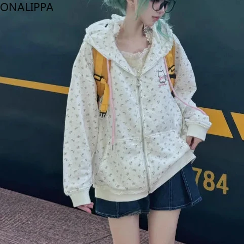 Onalippa Kawaii Cat Embroidery Floral Sweatshirt Hoodie Lace Wood Ear Hem Patchwork Hoodies Zip Up Mid-length Hoodie Bape