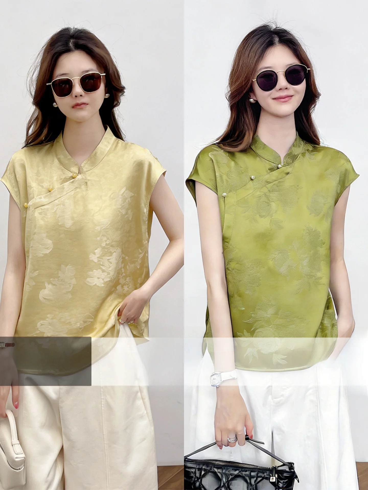 

Корейская модная шелковая вышитая блузка женская летняя 2026: элегантный универсальный топ без рукавов в новом китайском стиле с воротником-стойкой