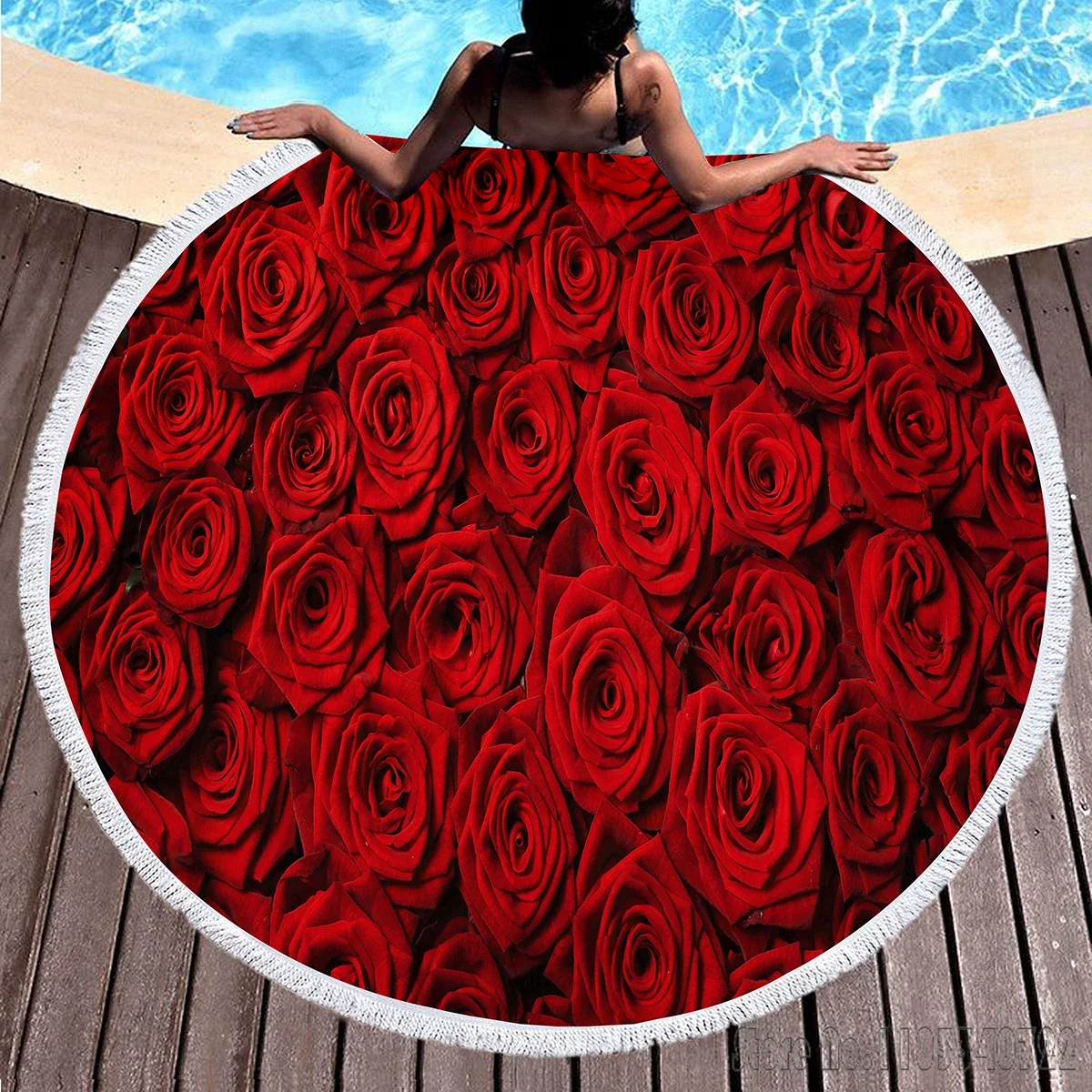 Beautiful Rose Printed Cartoon Round 150cm Beach Towel Microfiber Children Kids Swimming Hawaii Bath Towel With Tassel