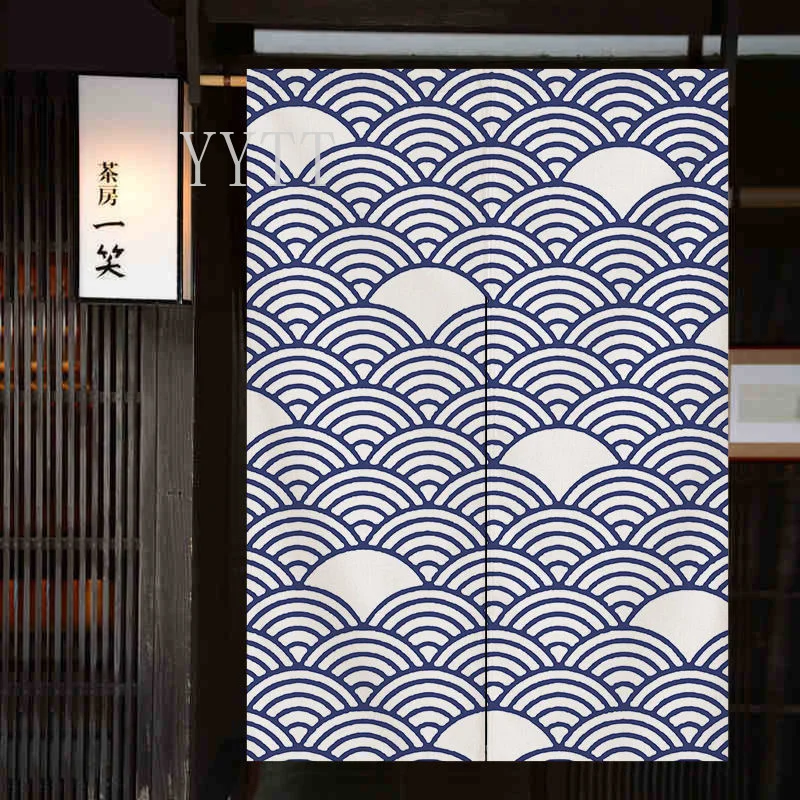 Kanagawa Waves Japanese Style Door Curtain Kitchen Bedroom Doorway Restaurant Decor Partition Curtains Hanging Half-Curtain