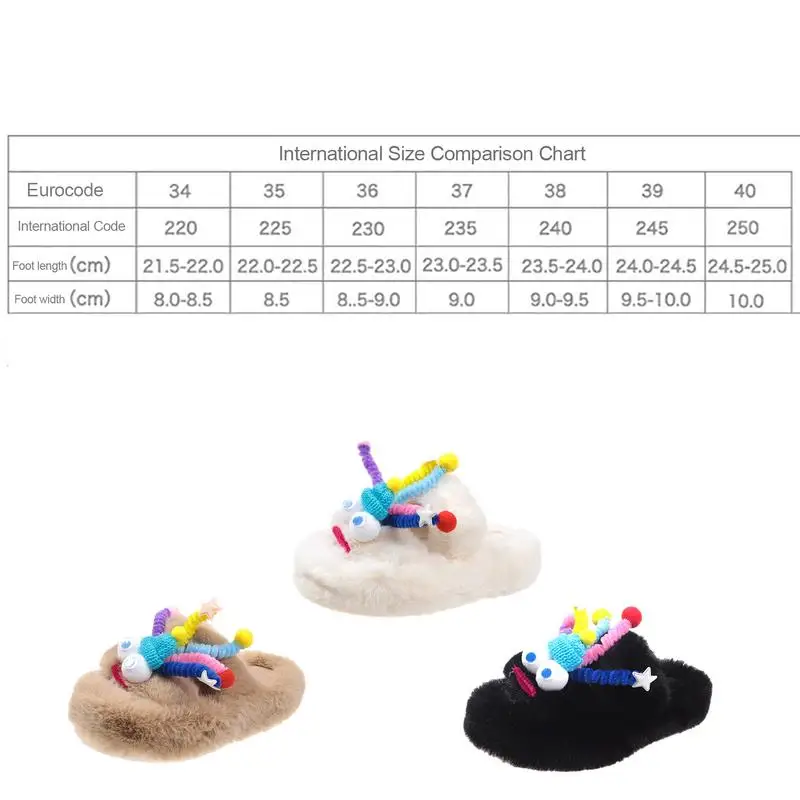 گرم چپل رنگین بڑی آنکھوں کی گڑیا ڈیزائن Fluffy Winter Furry Slippers For Women Indoor Warm Funny Non-Slip Slippers